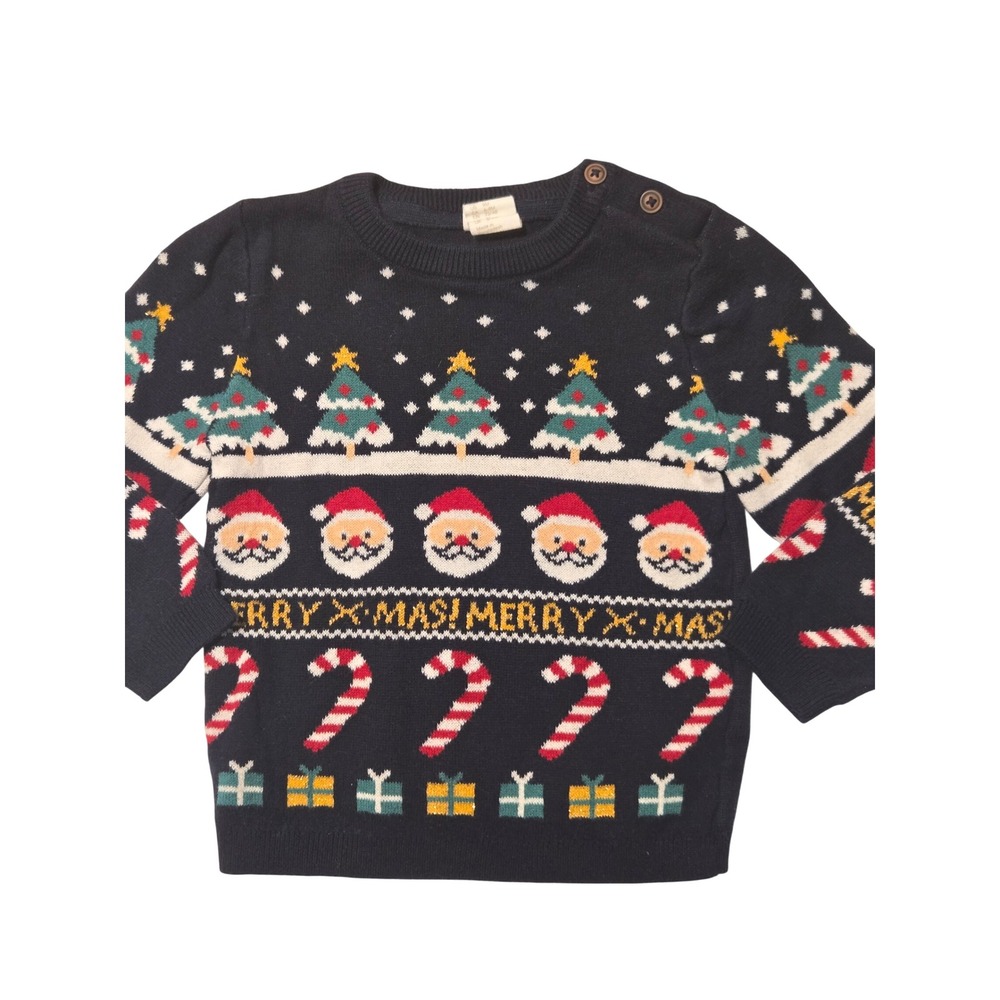 H&M Baby Boys Girls Navy Christmas Santa‎ Tree Candy Cane Sweater Size 9M